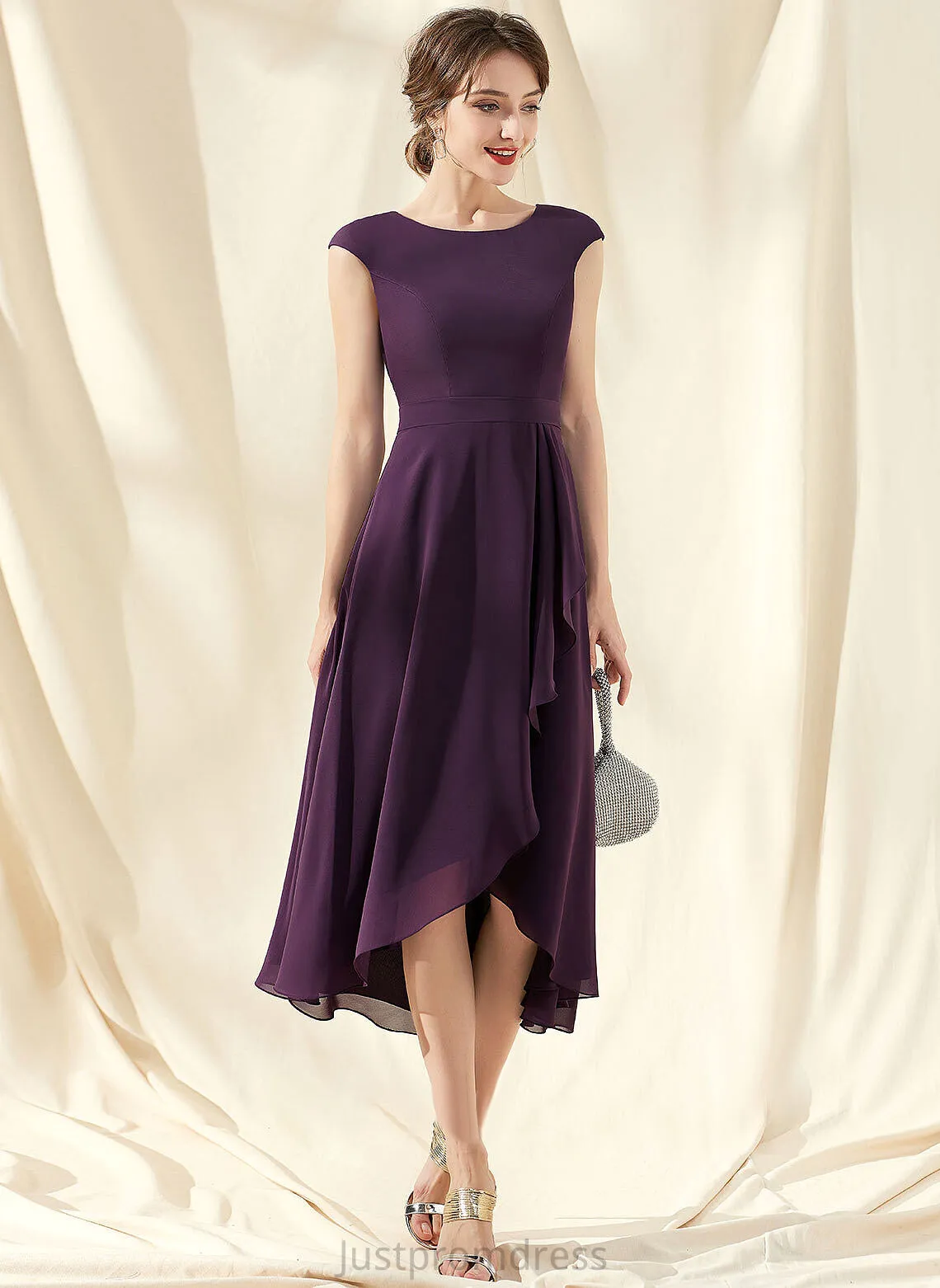Dress Neck With Ruffles Meghan Bow(s) Scoop Cocktail Cocktail Dresses Cascading Asymmetrical A-Line Chiffon