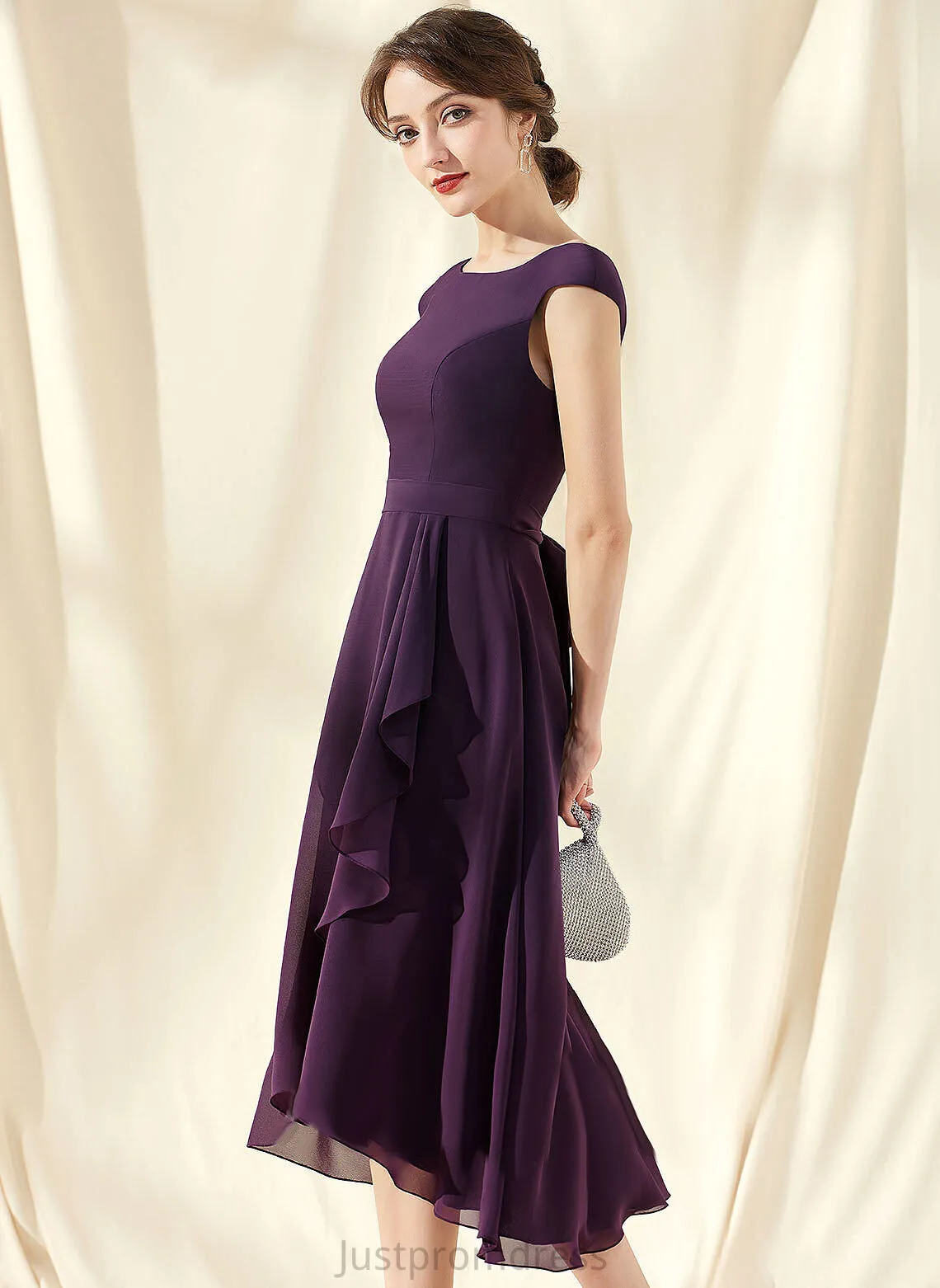 Dress Neck With Ruffles Meghan Bow(s) Scoop Cocktail Cocktail Dresses Cascading Asymmetrical A-Line Chiffon