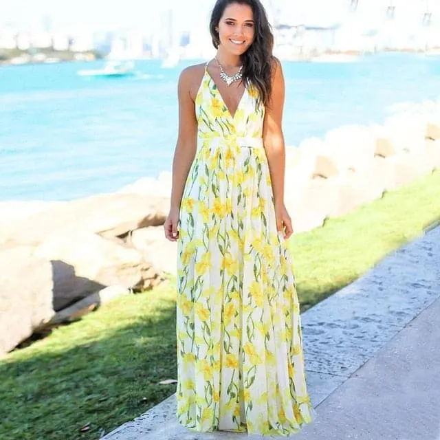 DressBetty - Women's Sling Floral Long Dresses arrival Summer Boho V-Neck Sleeveless  Party Beach Floarl Print  Maxi Dress Casual Sundress