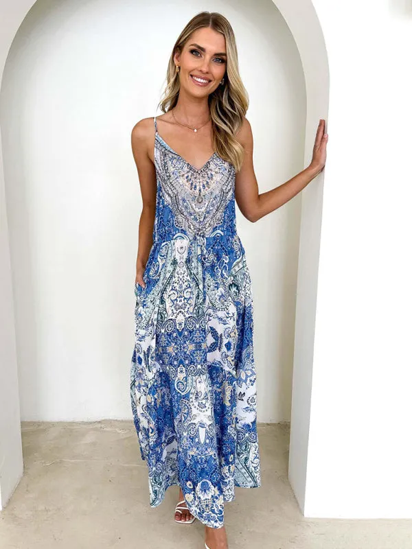 Elegant Summer Floral Print A-Line Cami Maxi Dress