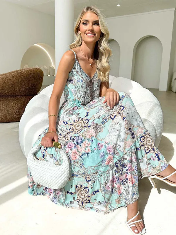 Elegant Summer Floral Print A-Line Cami Maxi Dress
