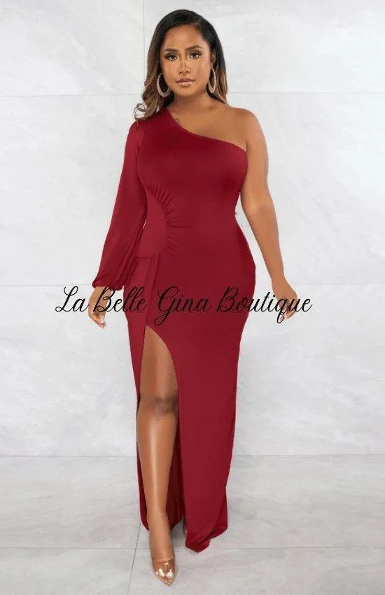 Eliane slant shoulder lantern sleeve slim split dress-FINAL SALE