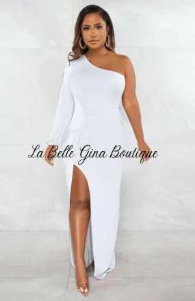 Eliane slant shoulder lantern sleeve slim split dress-FINAL SALE
