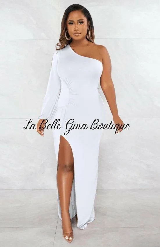 Eliane slant shoulder lantern sleeve slim split dress-FINAL SALE