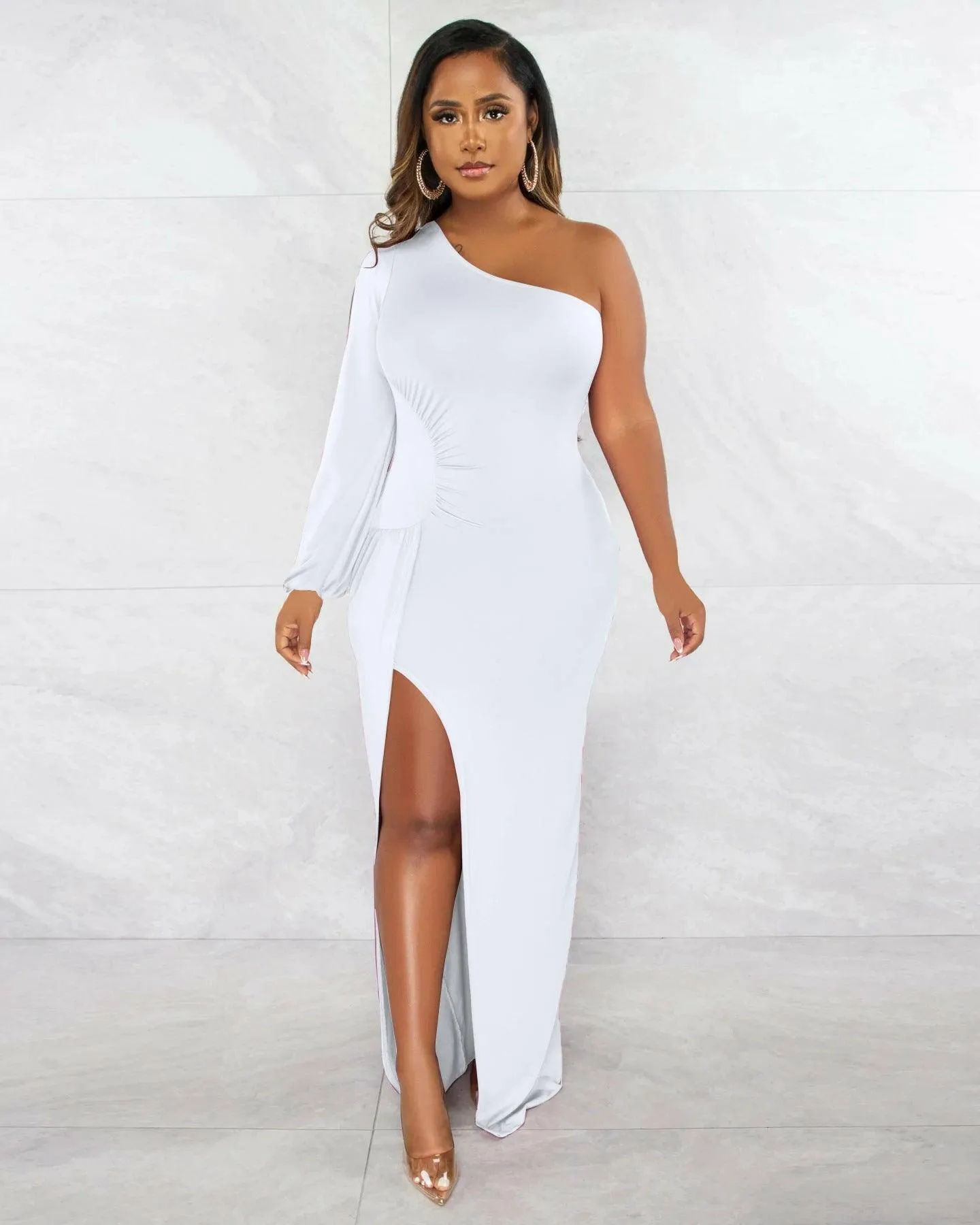Eliane slant shoulder lantern sleeve slim split dress-FINAL SALE