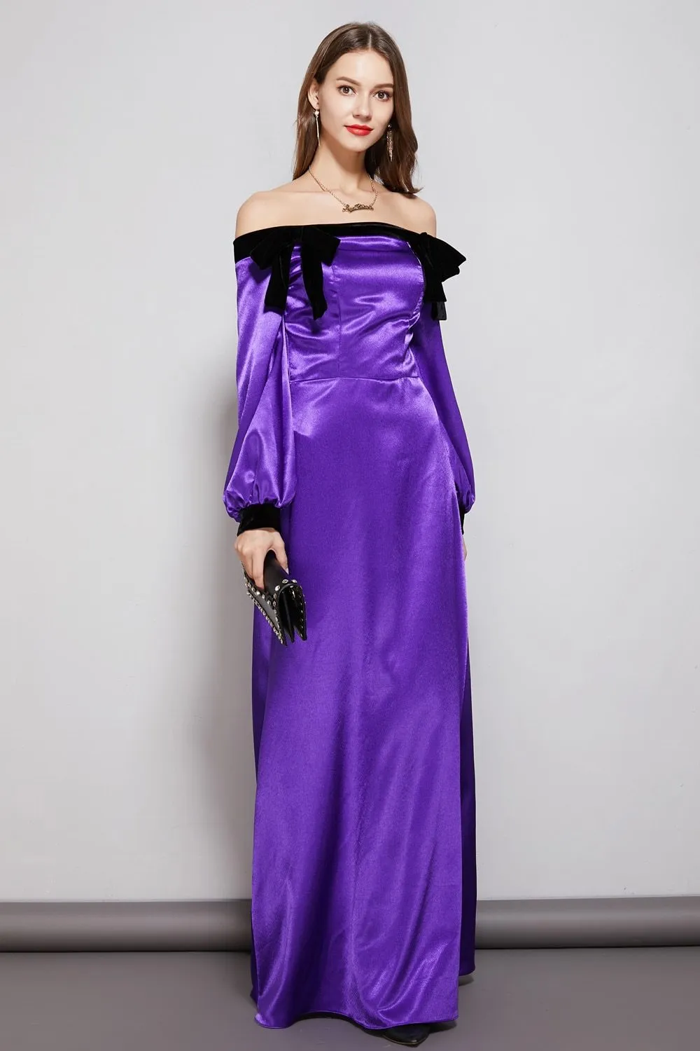 FashionSierra - Women's Party Prom Dresses Slash Neckline Long Sleeves Bow Detailing Elegant Maxi Designer Fashion Dresses