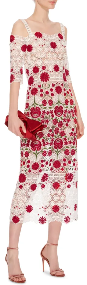 Floral-Lace Open-Shoulder Cocktail Dress