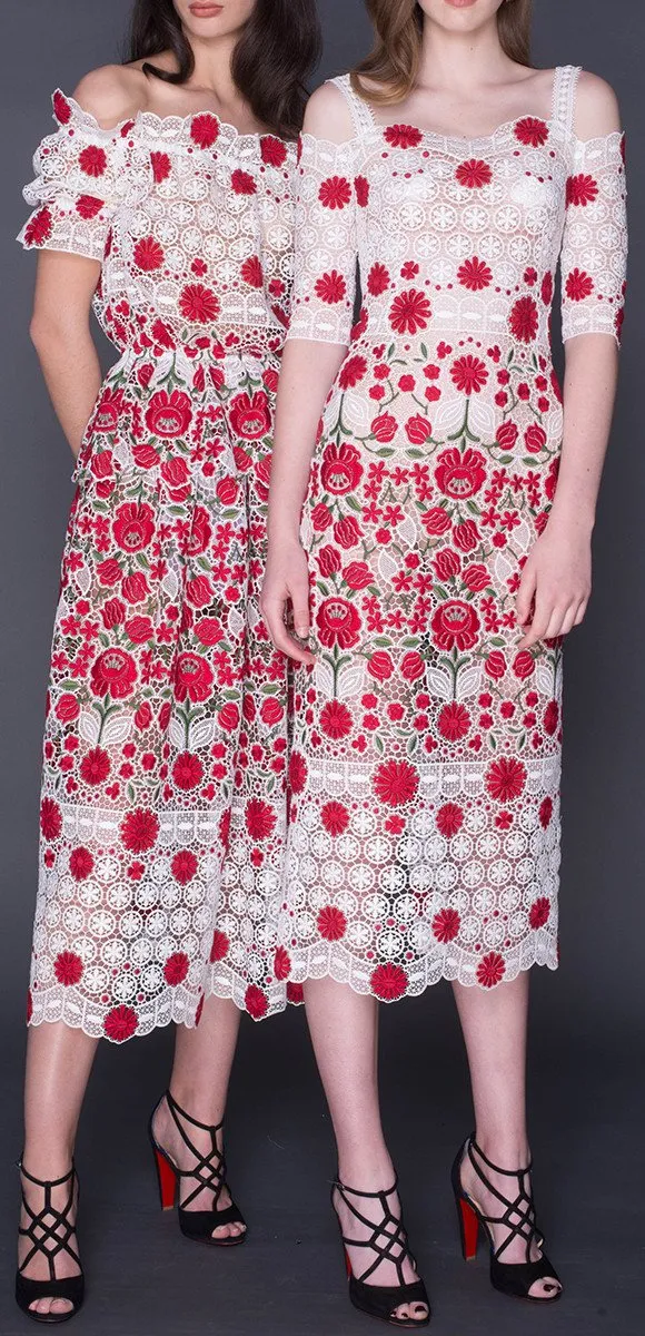 Floral-Lace Open-Shoulder Cocktail Dress