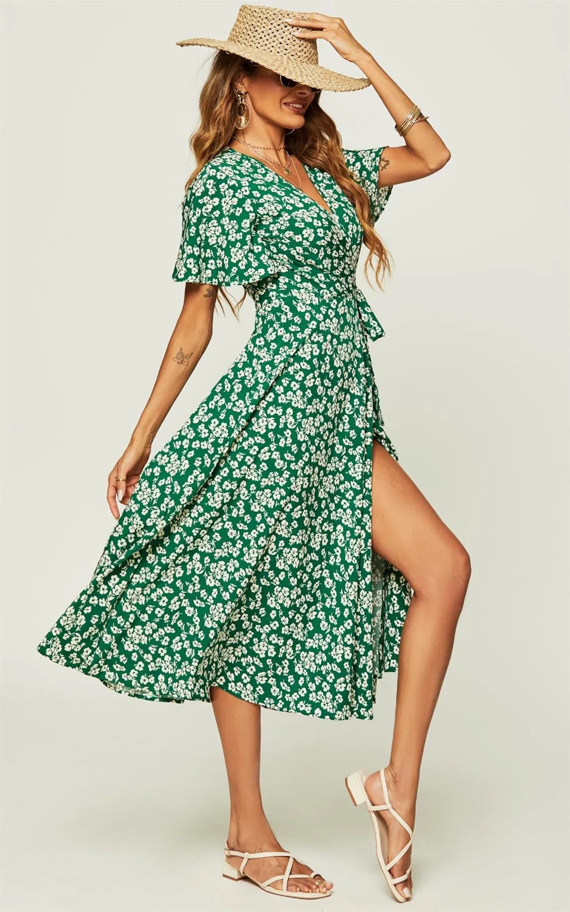 Floral Print Wrap Midi Dress In Green