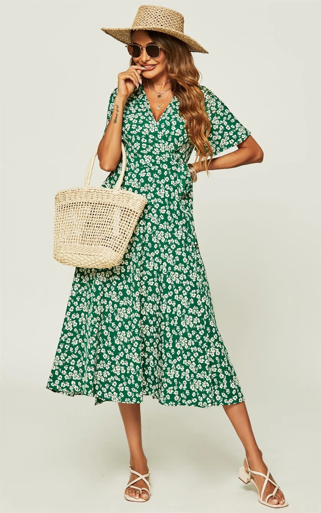 Floral Print Wrap Midi Dress In Green