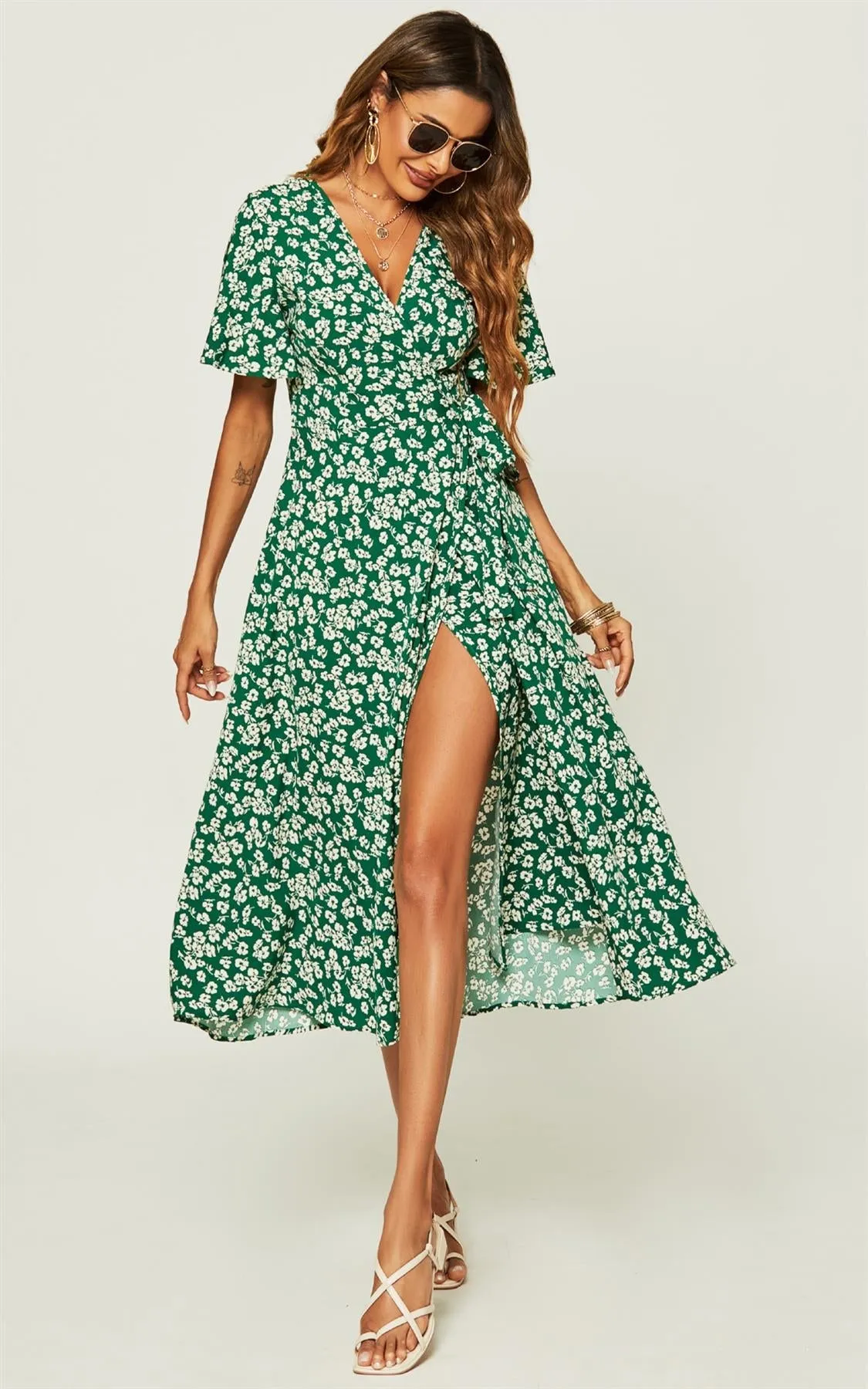 Floral Print Wrap Midi Dress In Green