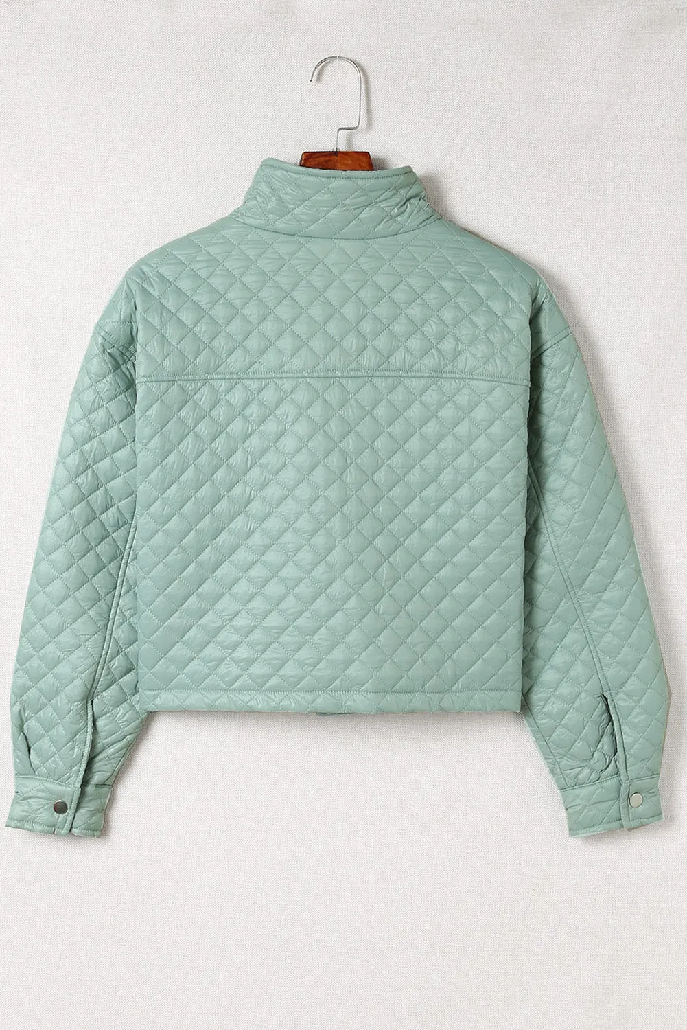 Green Quilted Pocketed Zip-Up Cropped Jacket