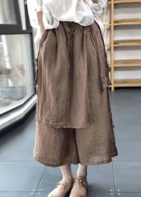 Handmade Coffee Elastic Waist Drawstring Asymmetrical Linen Wide Leg Pants Summer