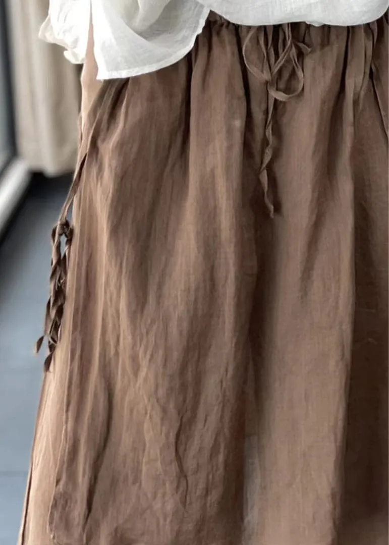 Handmade Coffee Elastic Waist Drawstring Asymmetrical Linen Wide Leg Pants Summer