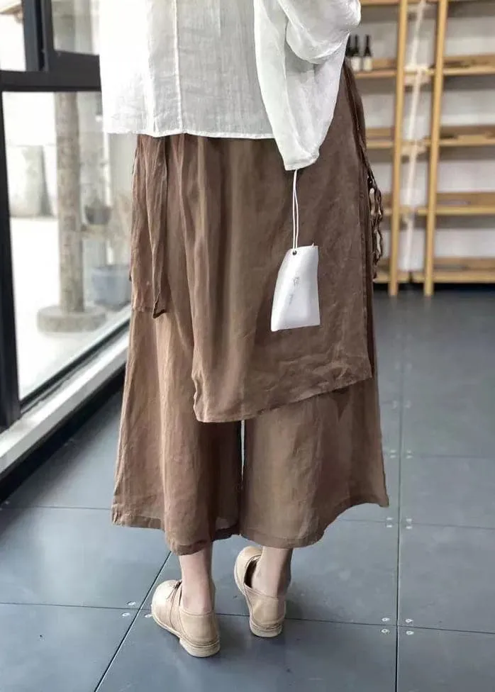Handmade Coffee Elastic Waist Drawstring Asymmetrical Linen Wide Leg Pants Summer