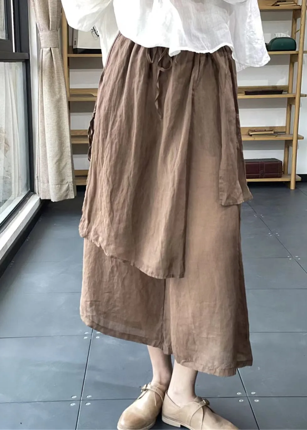 Handmade Coffee Elastic Waist Drawstring Asymmetrical Linen Wide Leg Pants Summer