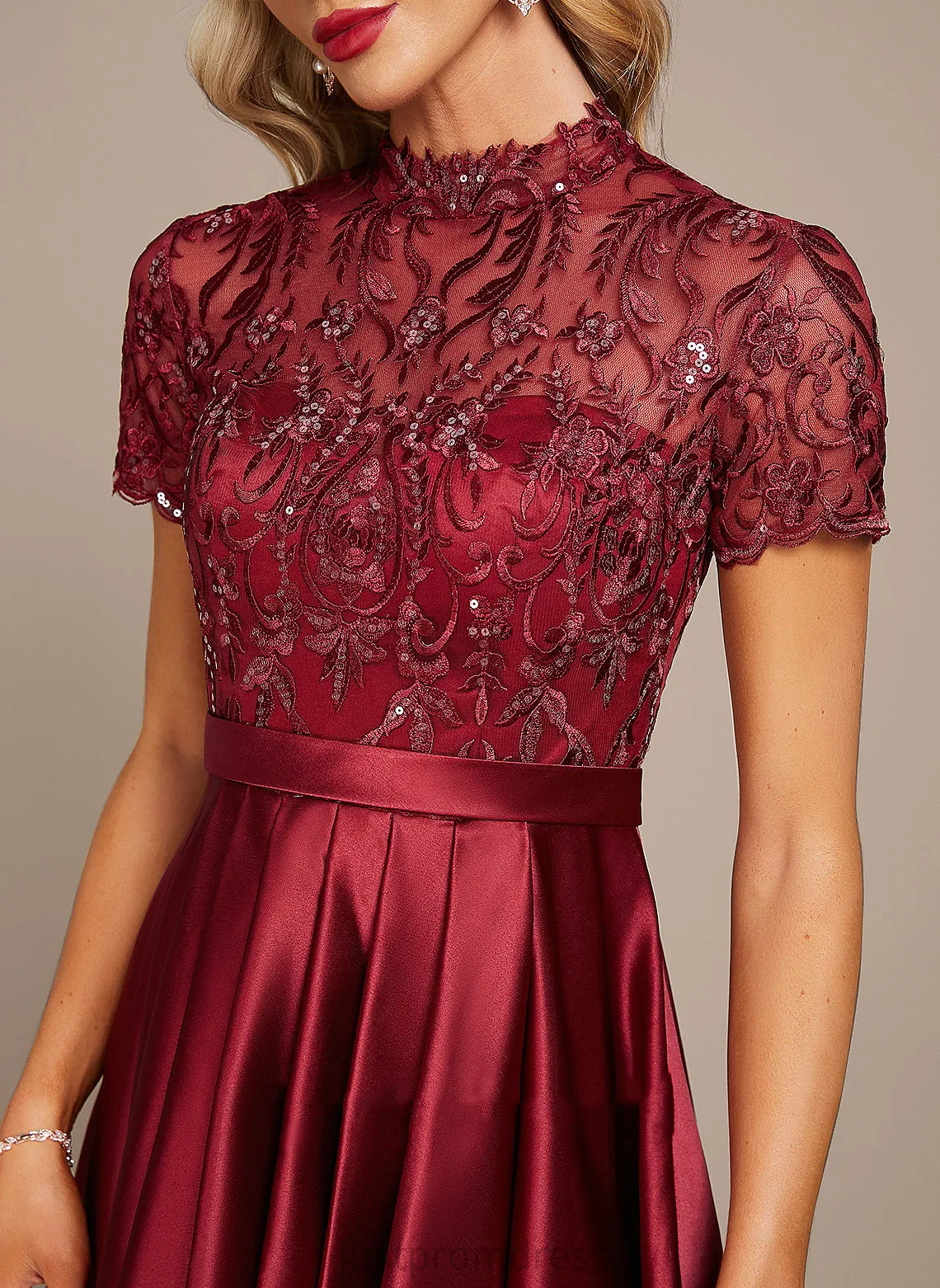 High A-Line Cassandra With Cocktail Asymmetrical Lace Dress Cocktail Dresses Neck Sequins Ruffle Satin