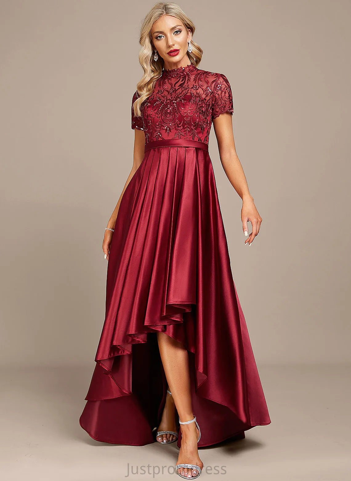 High A-Line Cassandra With Cocktail Asymmetrical Lace Dress Cocktail Dresses Neck Sequins Ruffle Satin