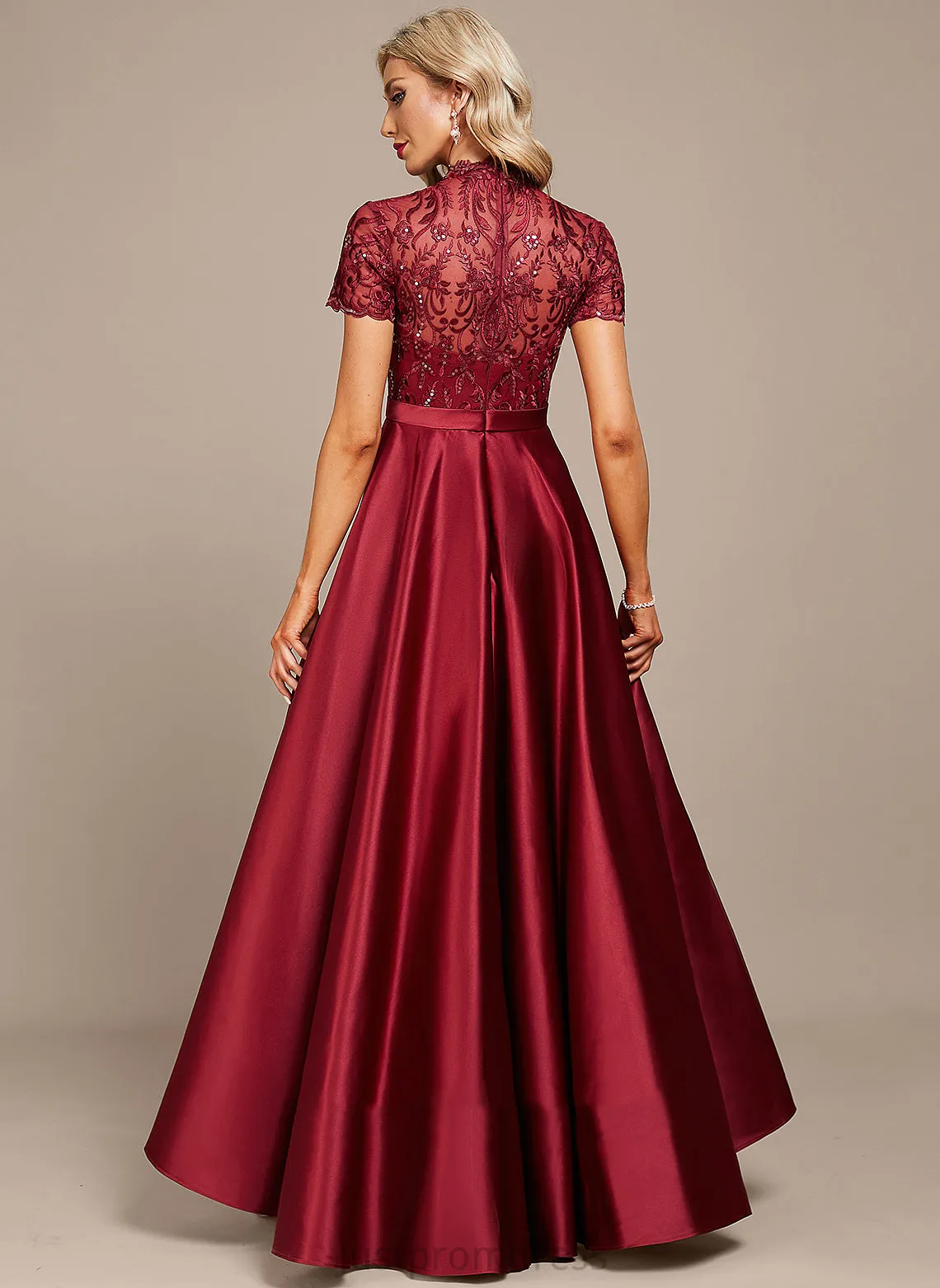 High A-Line Cassandra With Cocktail Asymmetrical Lace Dress Cocktail Dresses Neck Sequins Ruffle Satin