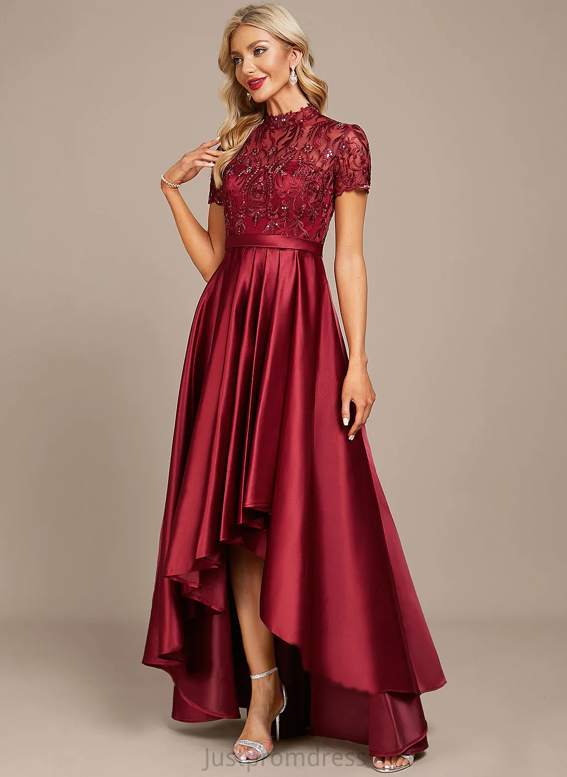 High A-Line Cassandra With Cocktail Asymmetrical Lace Dress Cocktail Dresses Neck Sequins Ruffle Satin