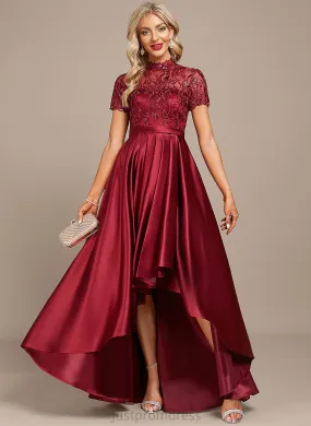 High A-Line Cassandra With Cocktail Asymmetrical Lace Dress Cocktail Dresses Neck Sequins Ruffle Satin