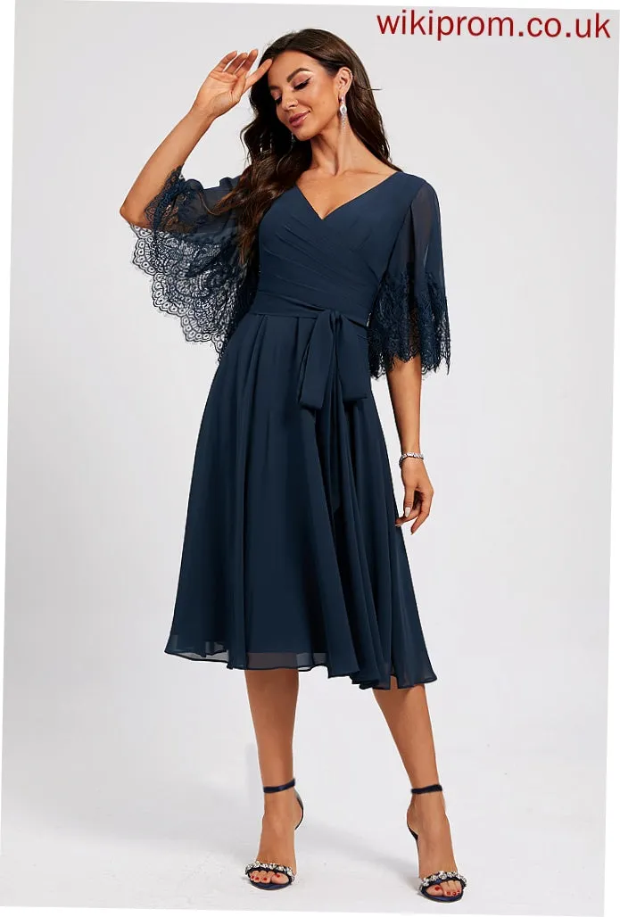 Knee-Length A-Line Sash Nadia Chiffon With Cocktail Dresses Cocktail Lace V-neck Dress Pleated