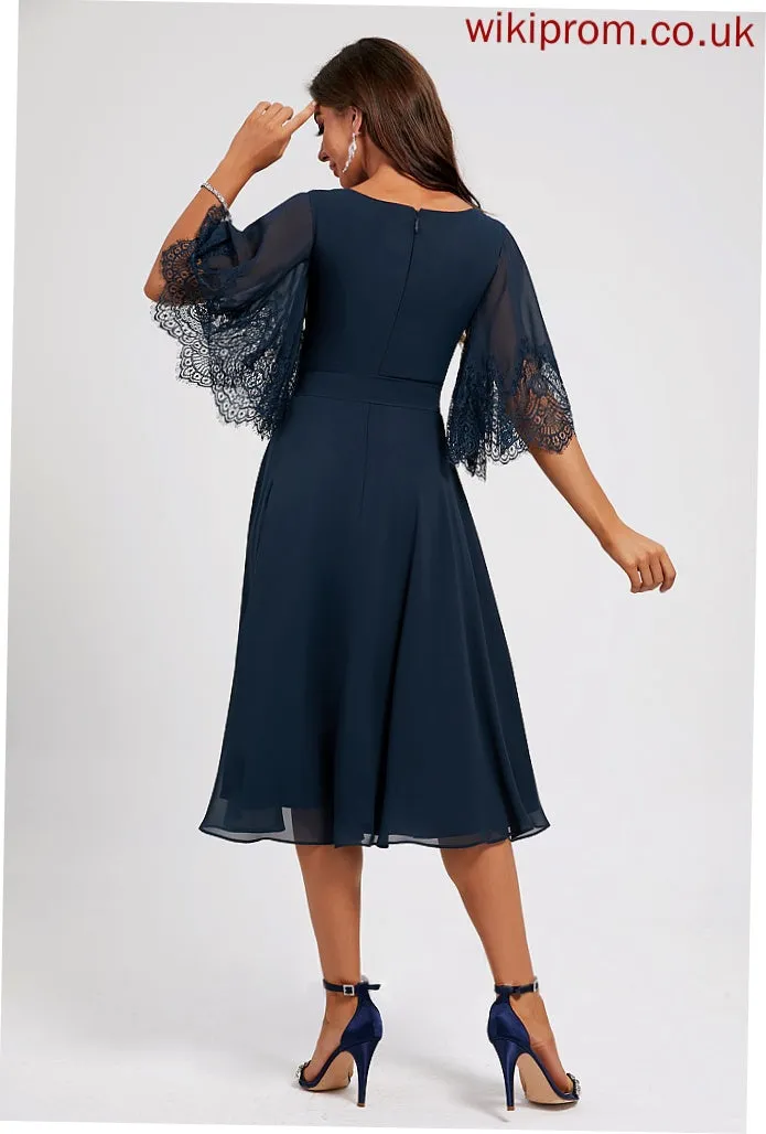 Knee-Length A-Line Sash Nadia Chiffon With Cocktail Dresses Cocktail Lace V-neck Dress Pleated