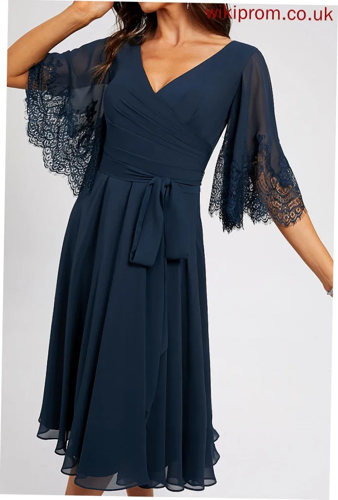 Knee-Length A-Line Sash Nadia Chiffon With Cocktail Dresses Cocktail Lace V-neck Dress Pleated