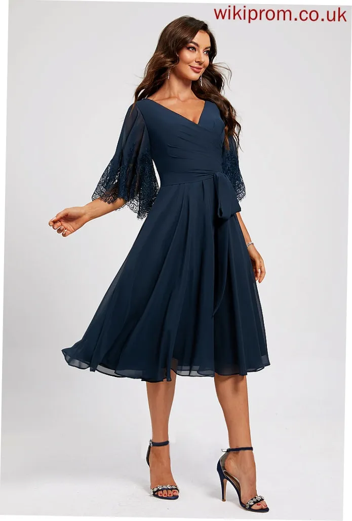 Knee-Length A-Line Sash Nadia Chiffon With Cocktail Dresses Cocktail Lace V-neck Dress Pleated