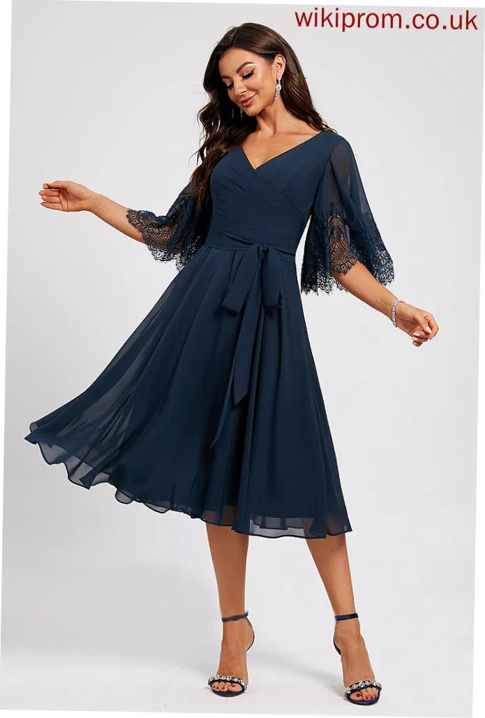 Knee-Length A-Line Sash Nadia Chiffon With Cocktail Dresses Cocktail Lace V-neck Dress Pleated