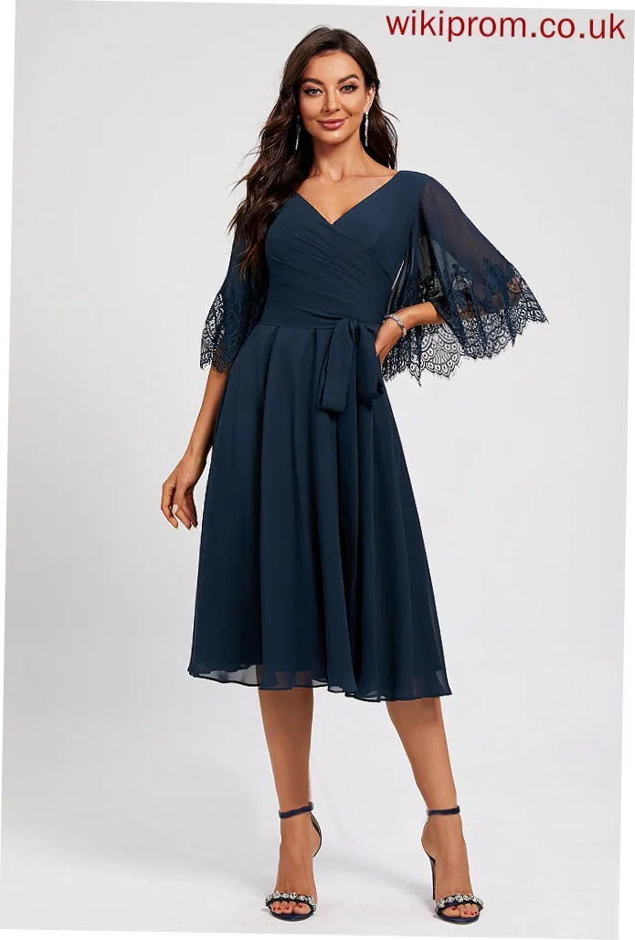 Knee-Length A-Line Sash Nadia Chiffon With Cocktail Dresses Cocktail Lace V-neck Dress Pleated