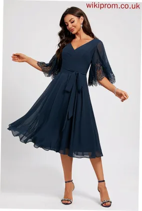 Knee-Length A-Line Sash Nadia Chiffon With Cocktail Dresses Cocktail Lace V-neck Dress Pleated