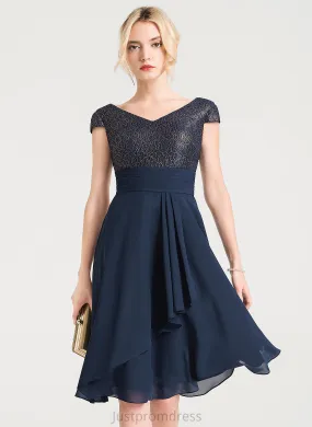 Knee-Length Chana Ruffles Cascading Cocktail Dresses Cocktail A-Line With Chiffon Lace V-neck Dress