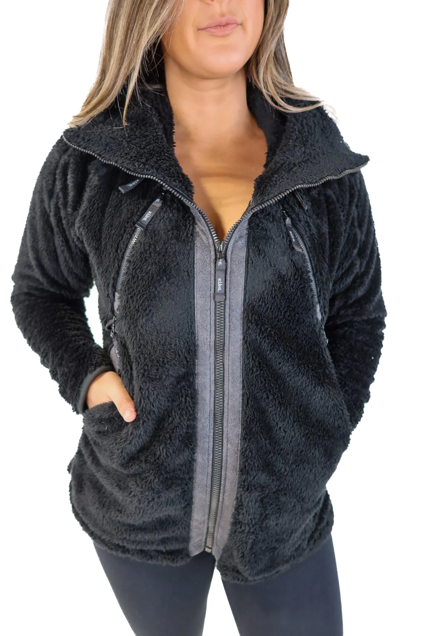Kuhl black furry zip up jacket (L; retail $189)