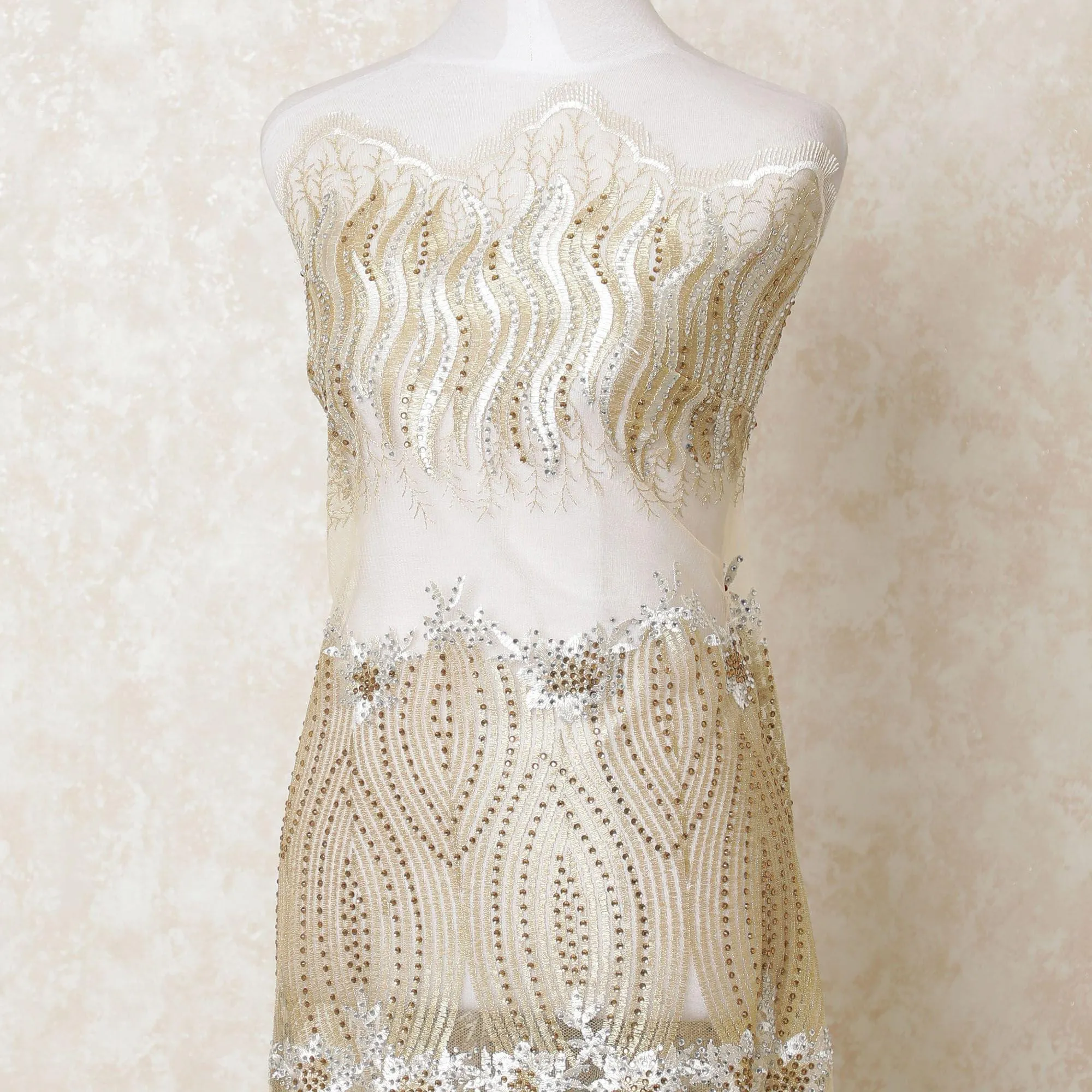 Light gold nylon tulle fabric with same tone, beige embroidery having stone work in fancy design-D12201