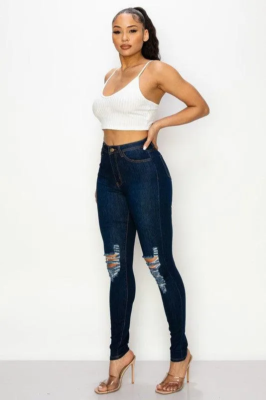 LO-204 High rise stretch ripped knee skinny jeans