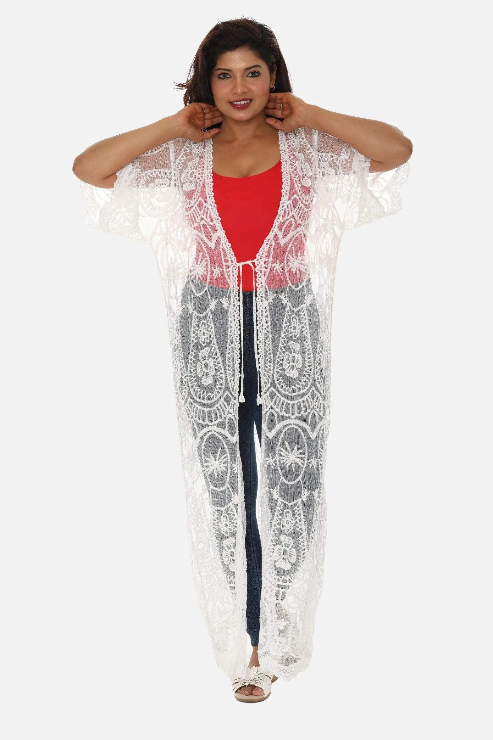 Long Mesh Coverup with Abstract Palm Tree Pattern