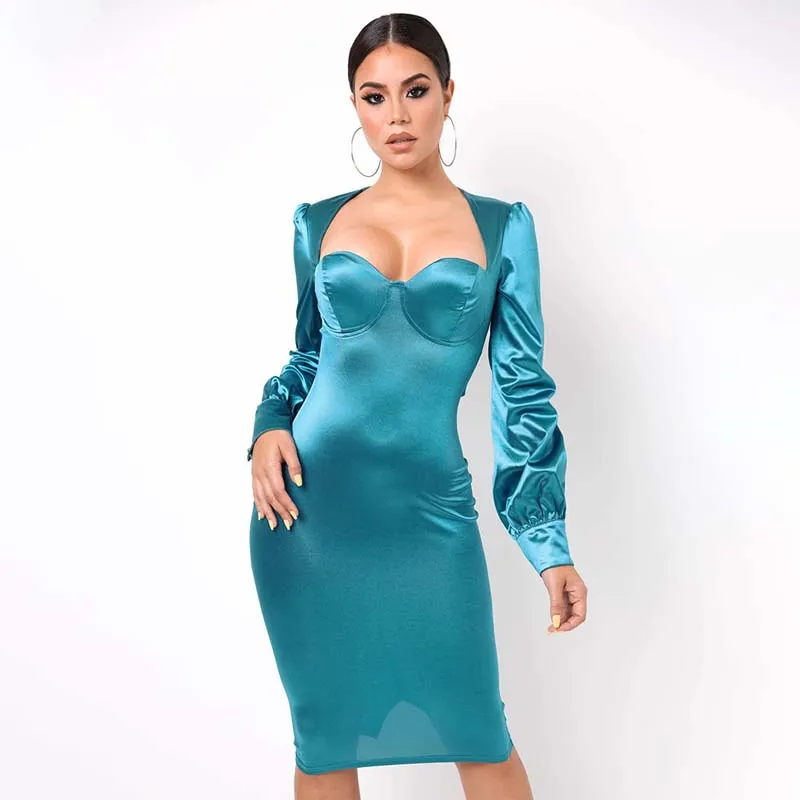 Low Cut Lantern Sleeve Satin Backless Dress