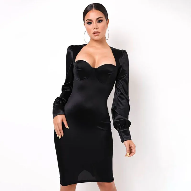 Low Cut Lantern Sleeve Satin Backless Dress