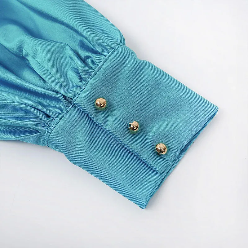 Low Cut Lantern Sleeve Satin Backless Dress