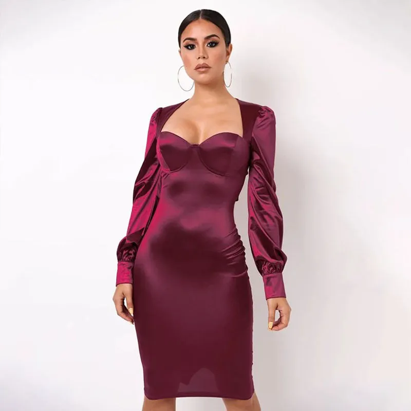 Low Cut Lantern Sleeve Satin Backless Dress