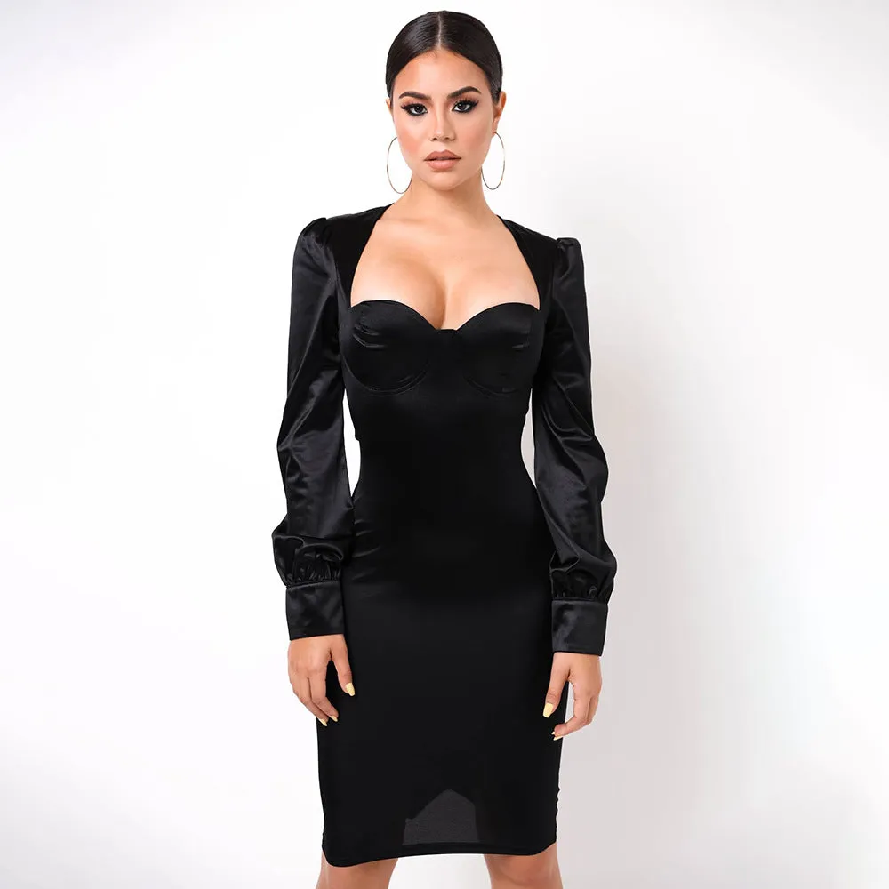 Low Cut Lantern Sleeve Satin Backless Dress