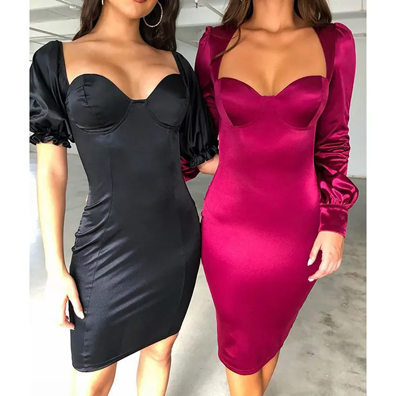Low Cut Lantern Sleeve Satin Backless Dress
