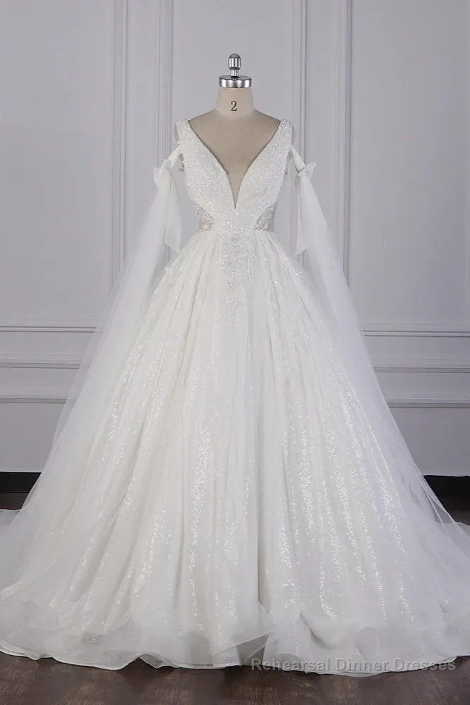 Luxury V-Neck Beadings Wedding Dress Tulle Sleeveless Sequined Bridal Gowns