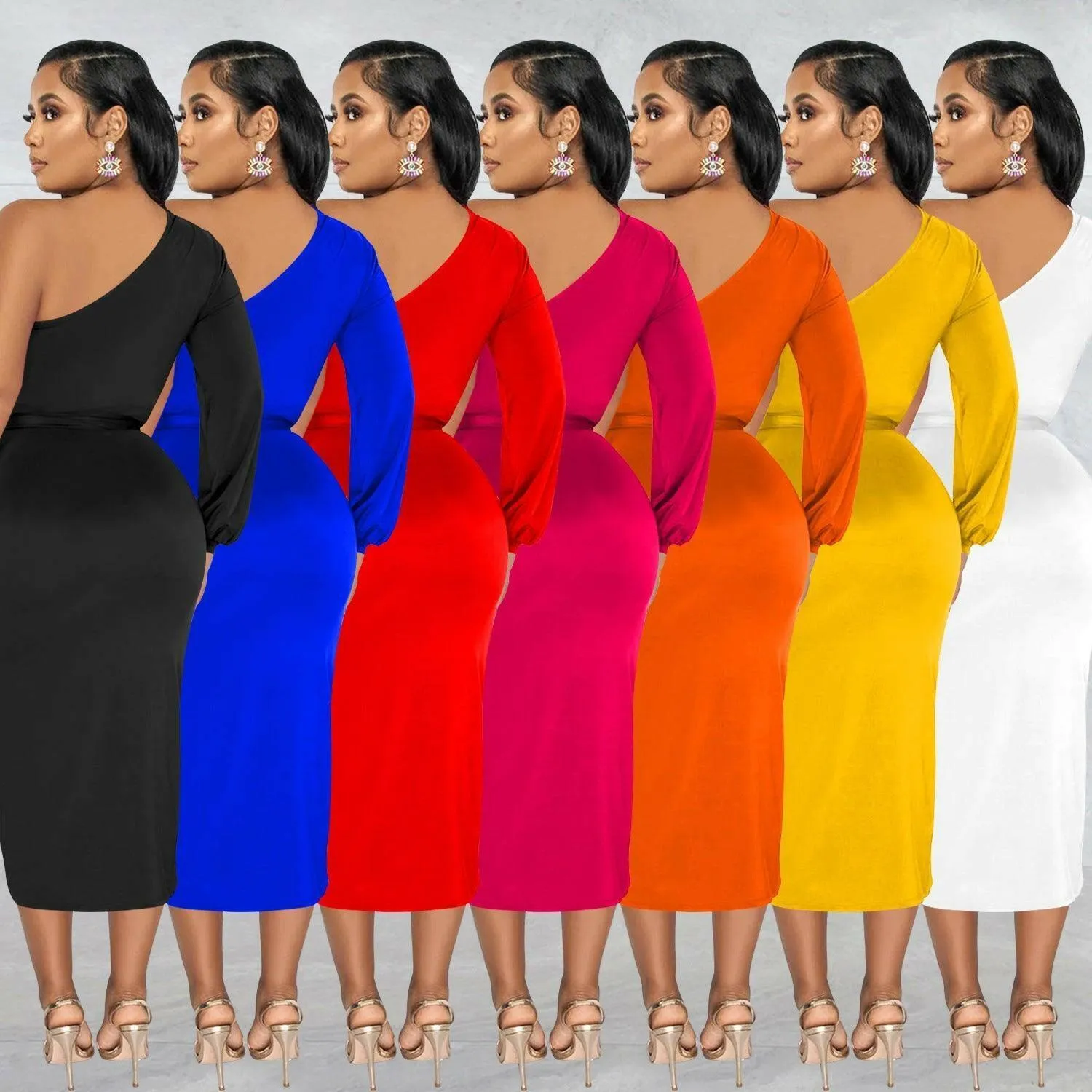 Marthe Single Sleeve Diagonal Long Skirt Dress-Orange-FINAL SALE