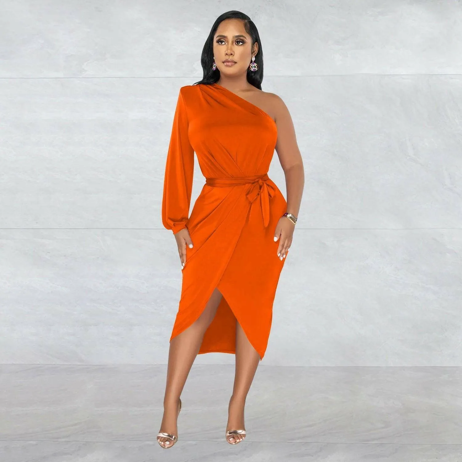 Marthe Single Sleeve Diagonal Long Skirt Dress-Orange-FINAL SALE
