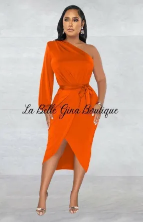 Marthe Single Sleeve Diagonal Long Skirt Dress-Orange-FINAL SALE