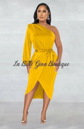 Marthe Single Sleeve Diagonal Long Skirt Dress-Yellow-FINAL SALE