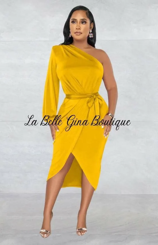 Marthe Single Sleeve Diagonal Long Skirt Dress-Yellow-FINAL SALE