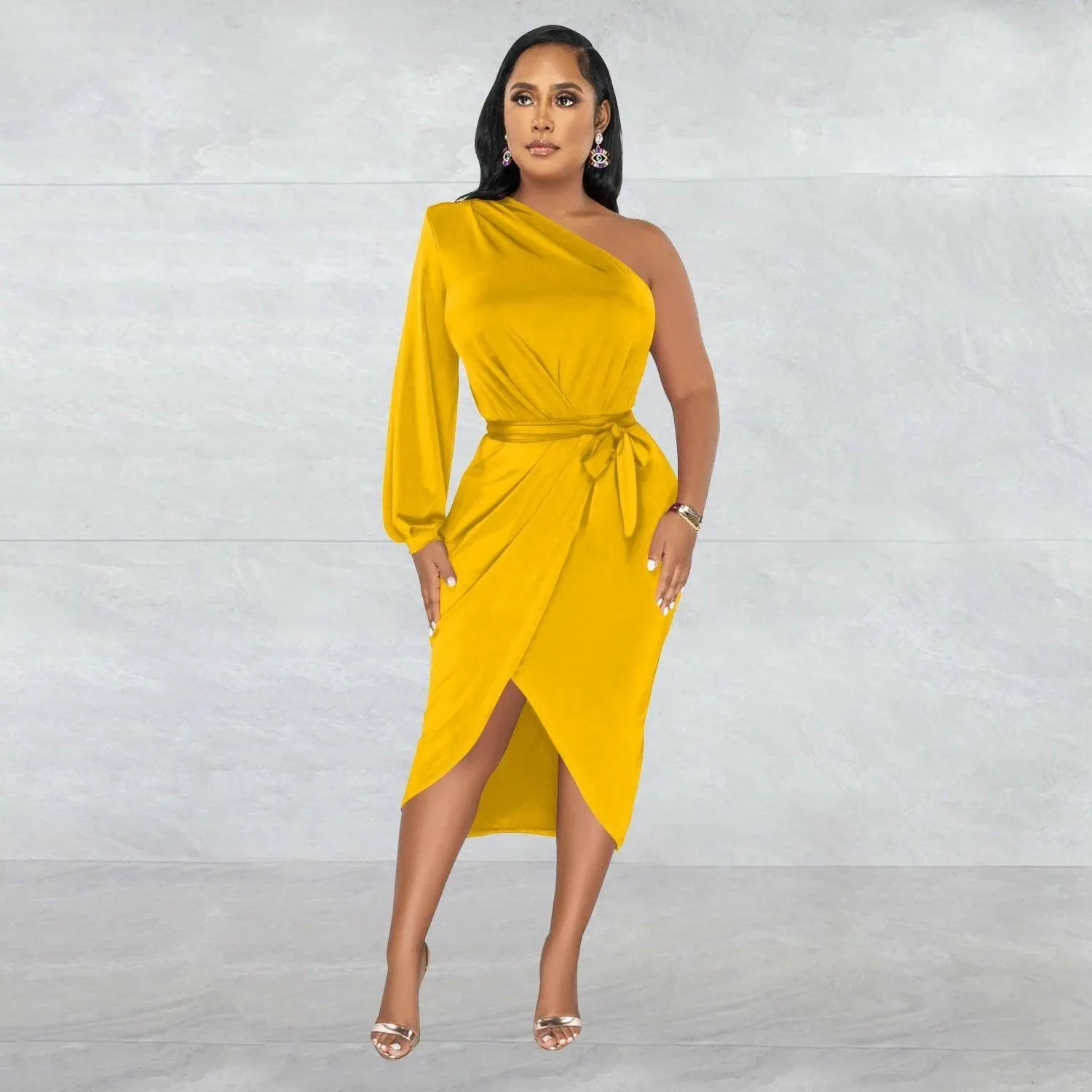 Marthe Single Sleeve Diagonal Long Skirt Dress-Yellow-FINAL SALE
